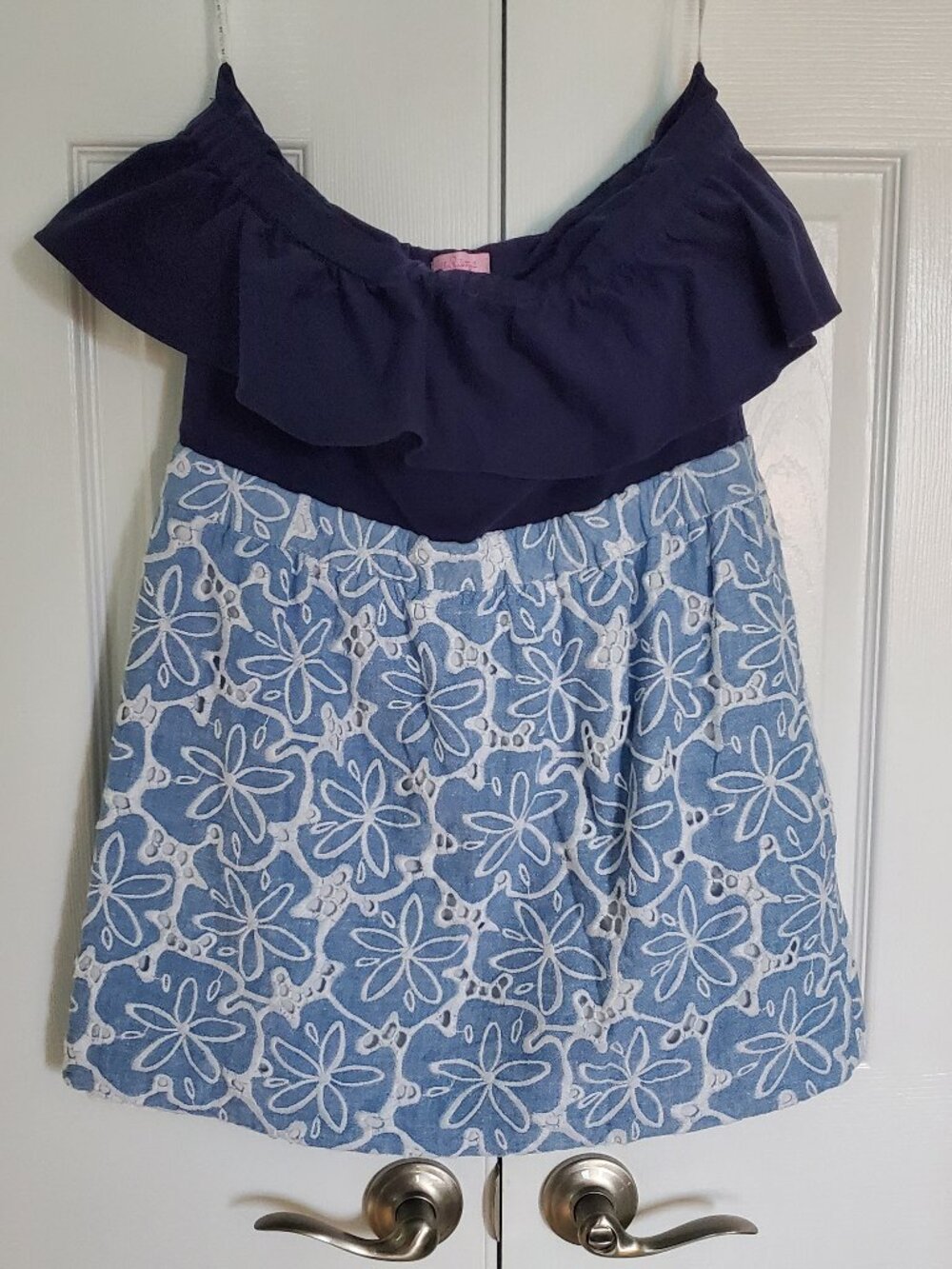 Lilly Pulitzer Athens Tide Blue Hollar For a Dollar Eyelet Chambray Dress Size L